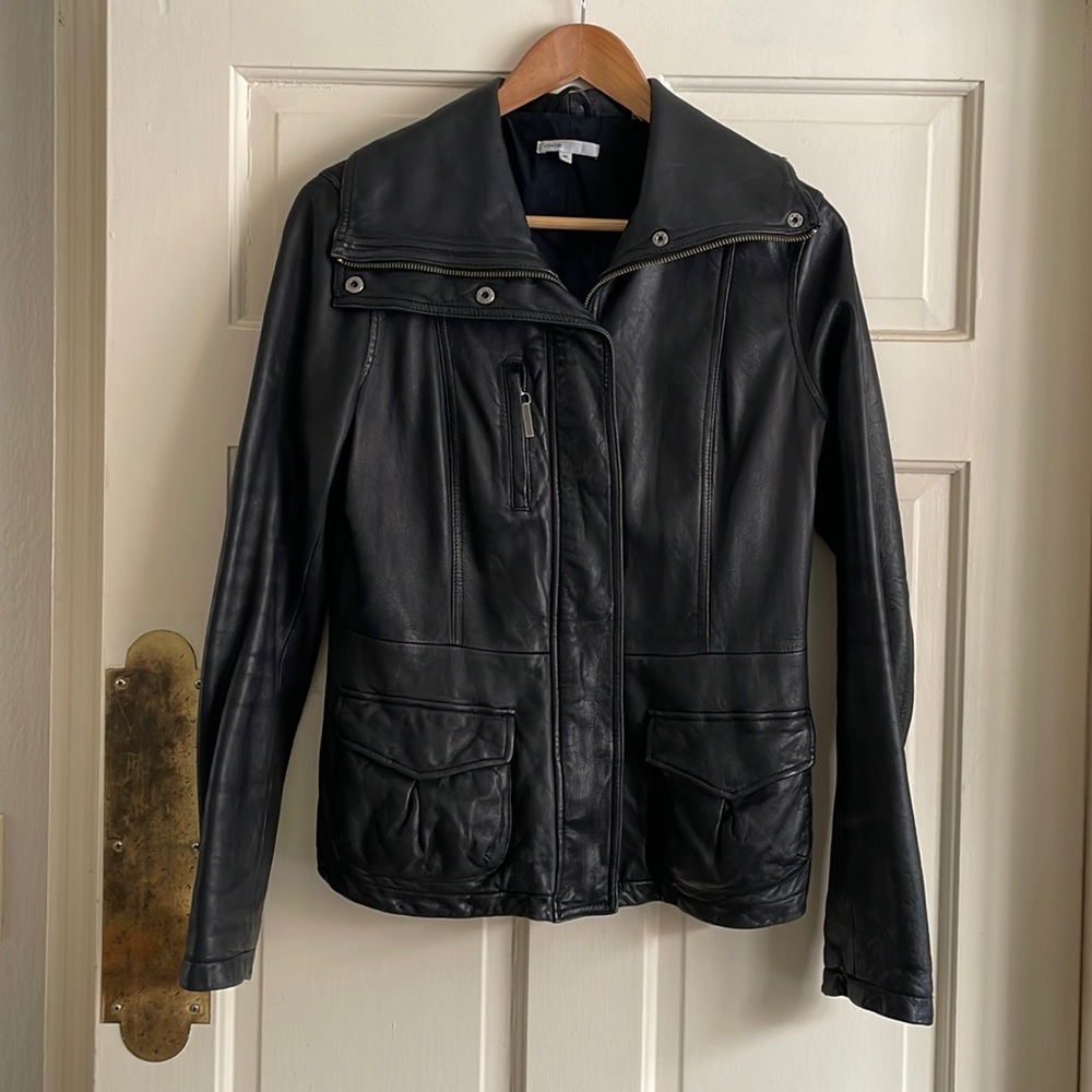Vince Fitted Leather Jacket with Wide Collar